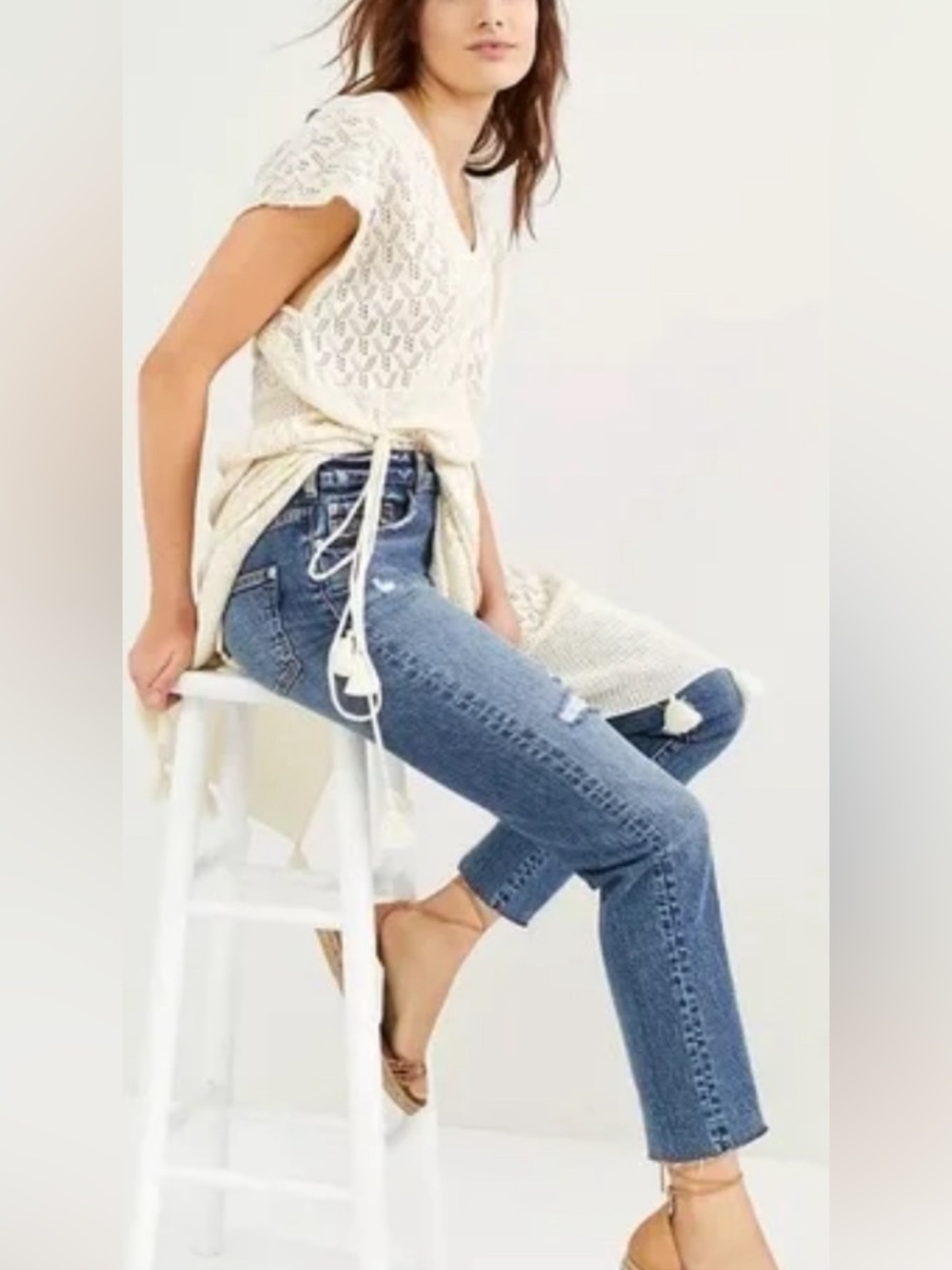 Pilcro Straight Leg Jeans in Medium Blue with Distressed Knees